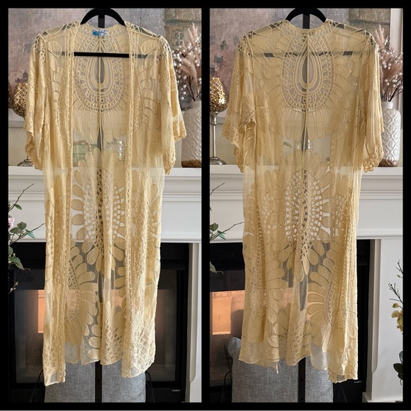 Boho Kimono Festival Duster Sheer Embroidered Lace Cardigan Layering Medium - Picture 1 of 14